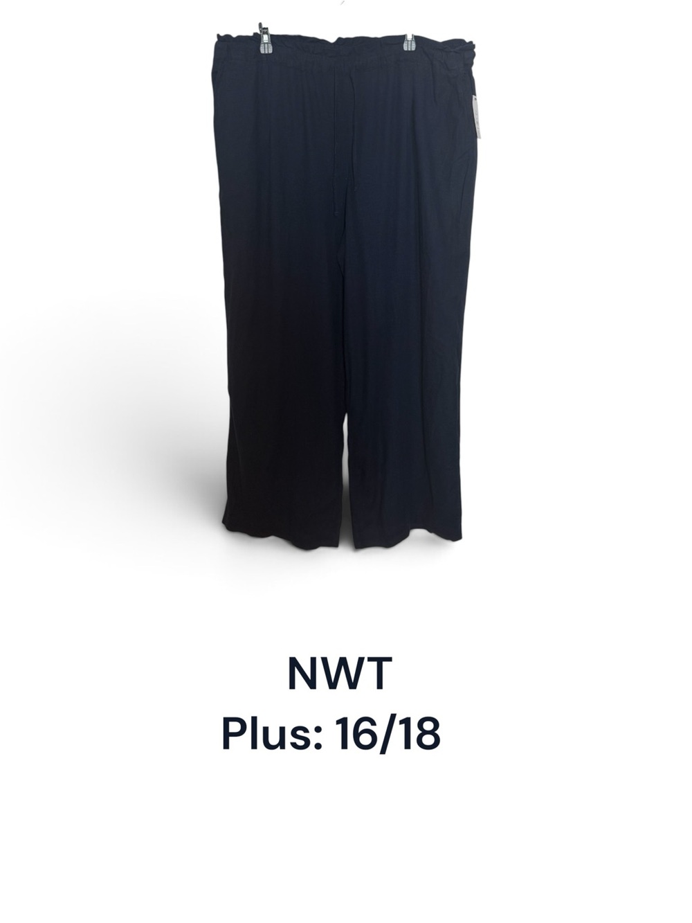 NWT Linen Blend Wide-Leg NAVY Pull-On Summer Pants w/Drawstring PLUS: 16/18  #V